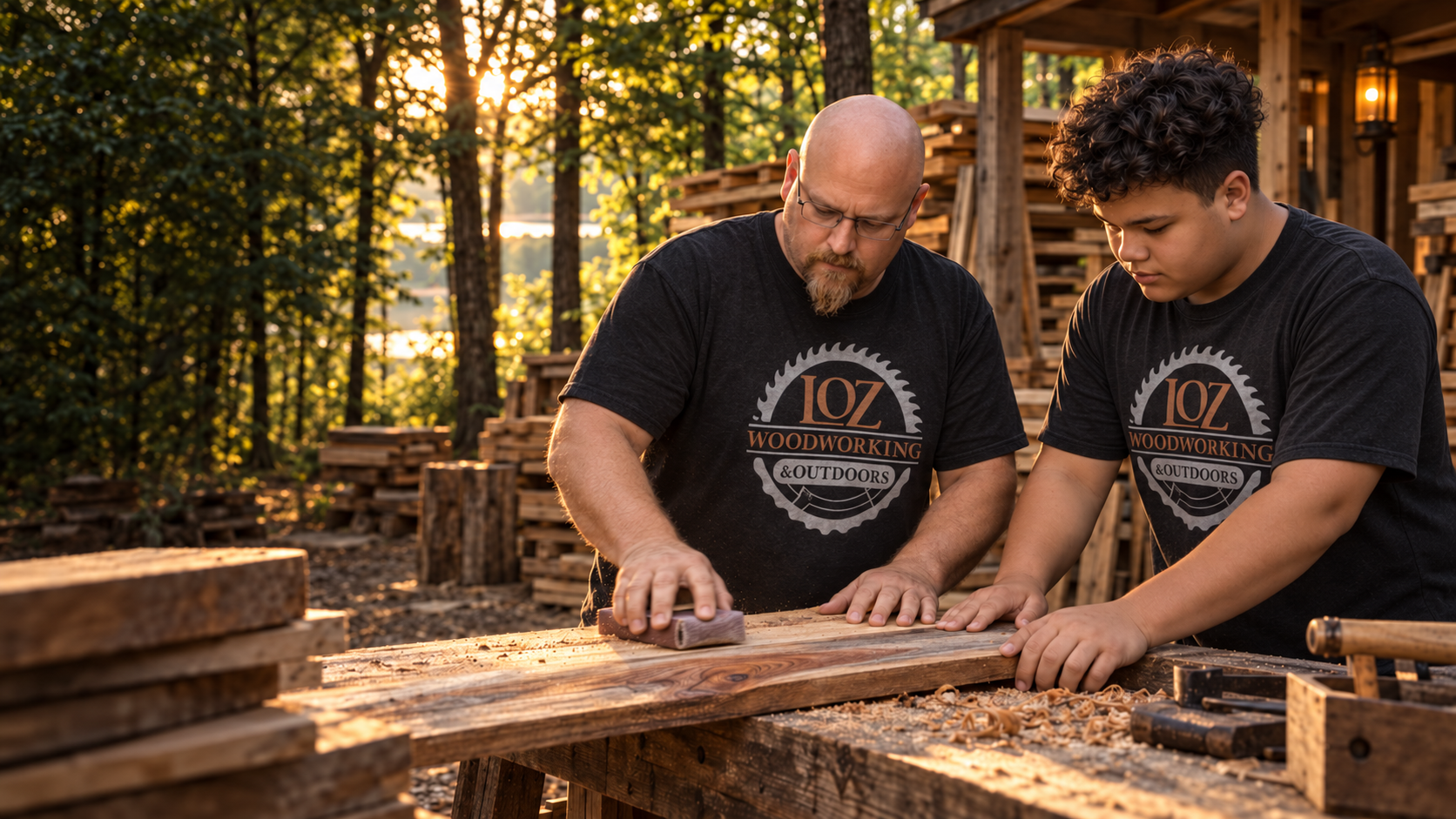 LJ and Robert Griffiths at work in their LOZ Woodworking & Outdoors shirts