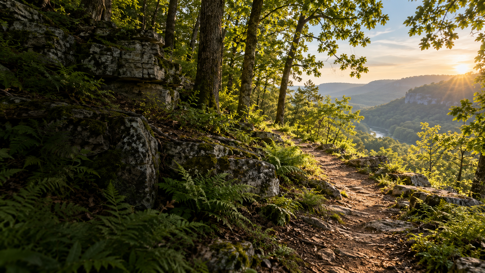 An empty Ozarks trail above a wooded valley at sunrise