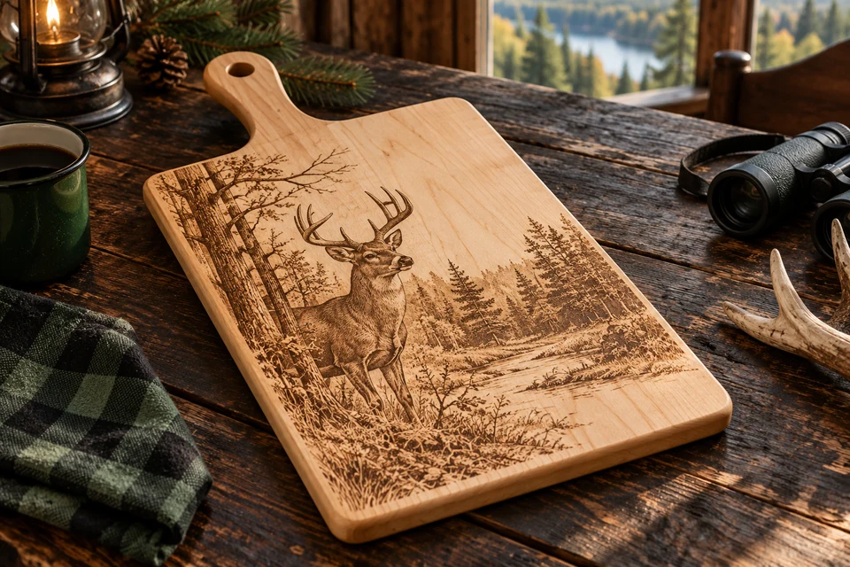 Single-color maple board laser engraved with a whitetail buck