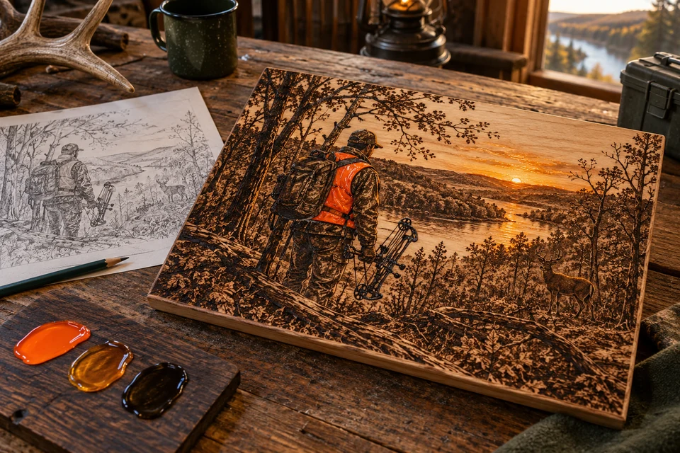 Compound-bow hunter wood-art study with orange UV resin accents and a matching sketch