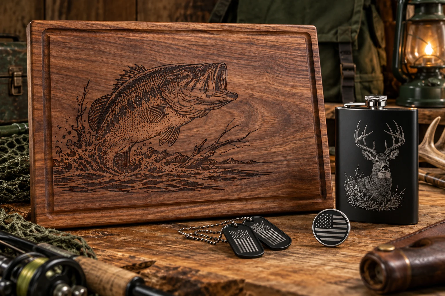 Custom engraving: a bass on a single-color walnut board, a deer flask, American flag dog tags, and a challenge coin