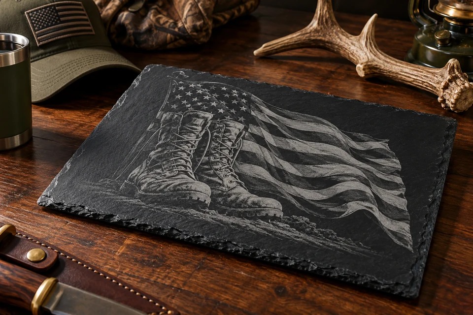 Slate serving-stone engraved with military boots and an American flag