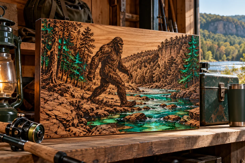 Sasquatch wood-art with textured turquoise and green UV resin accents