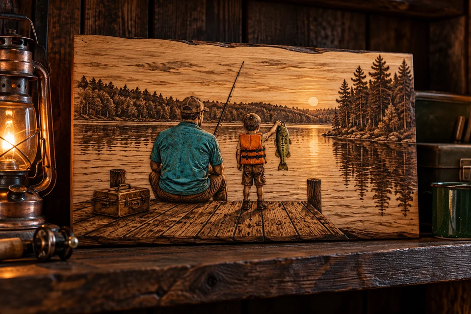 Father and child fishing memory on wood with turquoise and orange UV resin color