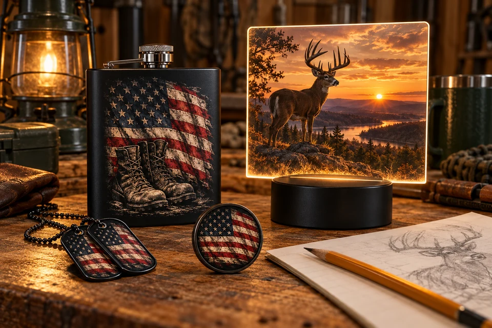 Americana flask, dog tags, challenge coin, and deer LED light custom project