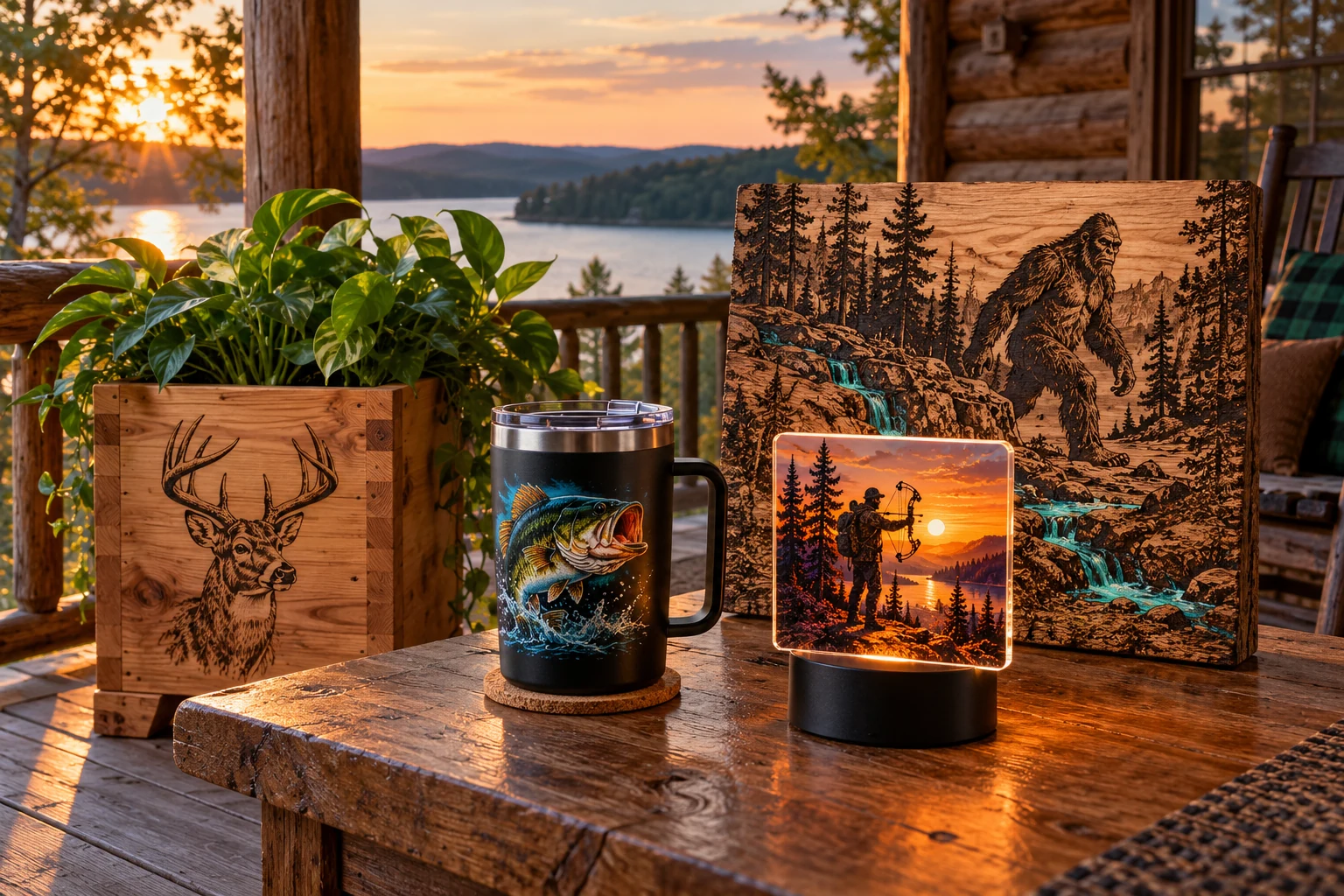 Cabin porch with a deer planter, fishing coffee cup, hunter LED light, and Sasquatch wood art with UV resin color