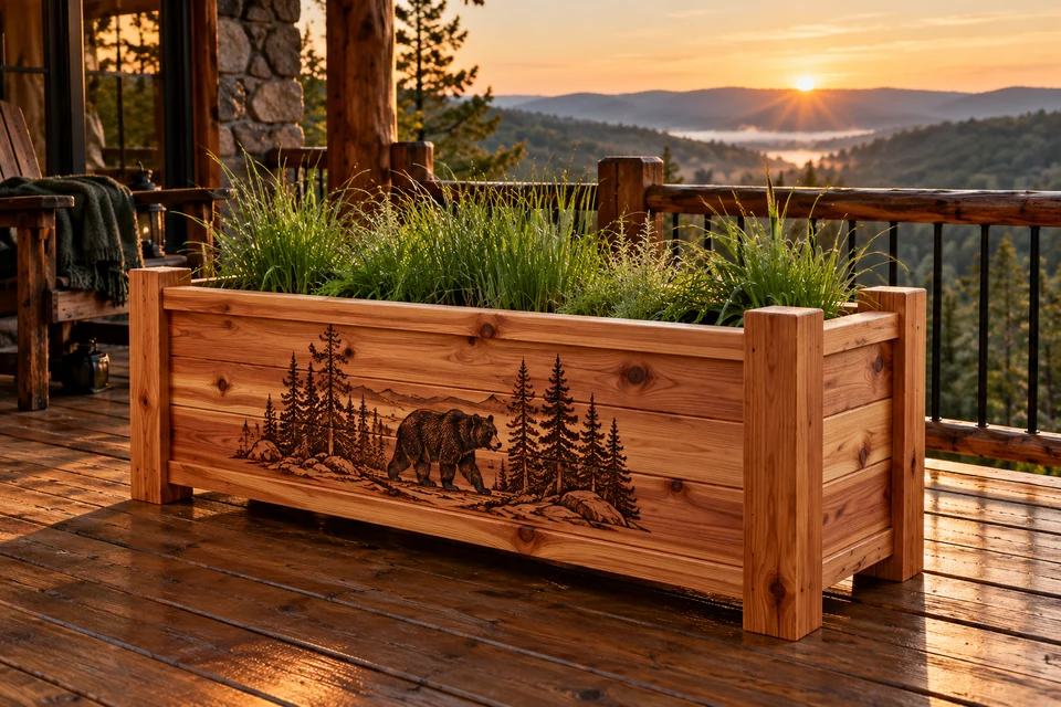 Cedar planter with a black bear engraving on a lakeside deck