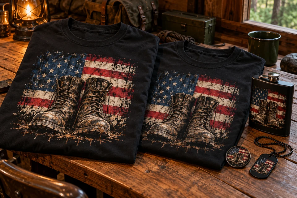 American flag and military boots shirt with a matching flask, dog tags, and coin