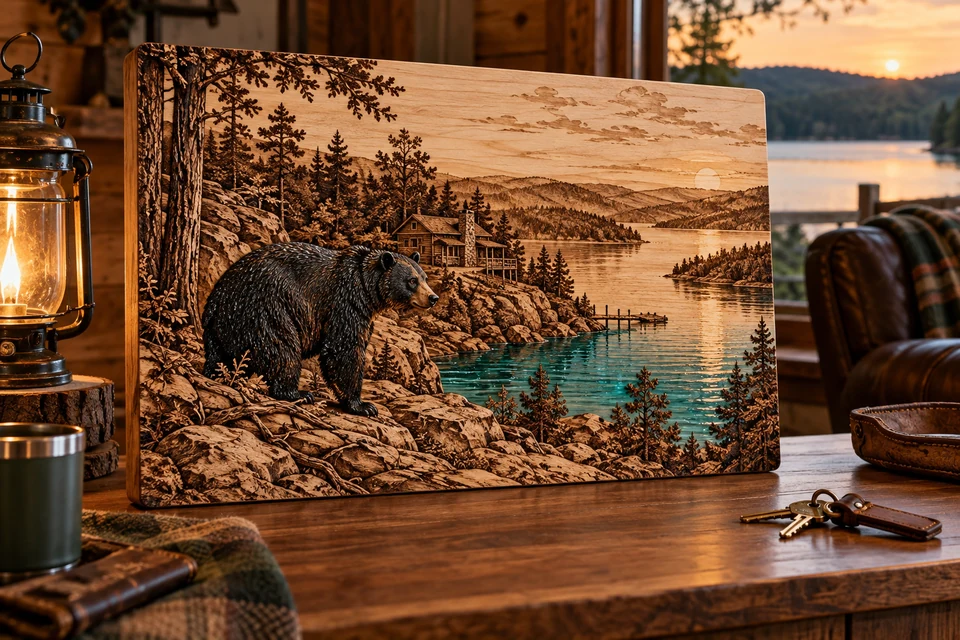 Black bear and lakeside cabin wood-art with selective UV resin color