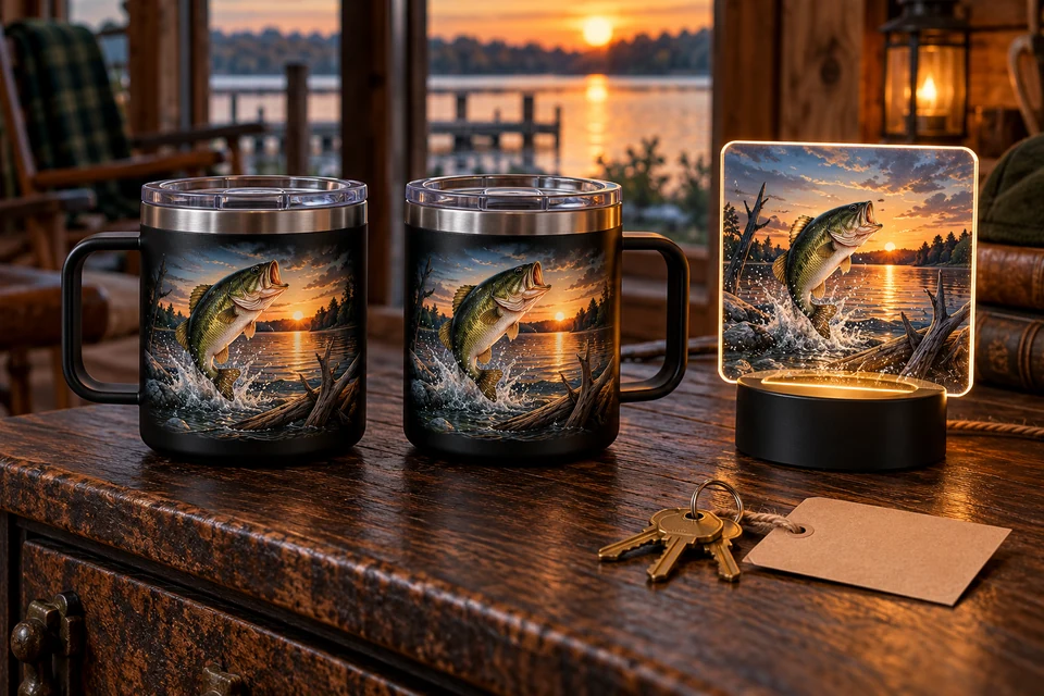 Fishing-themed coffee cups and LED light styled with house keys as a closing-gift