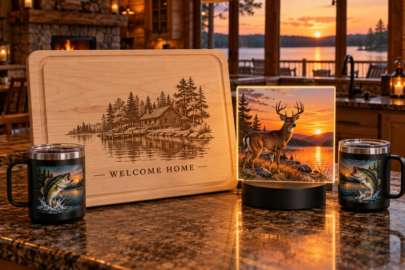 Personalized closing gifts: a single-color engraved board, fishing coffee cups, and a deer LED light in a lake-house kitchen