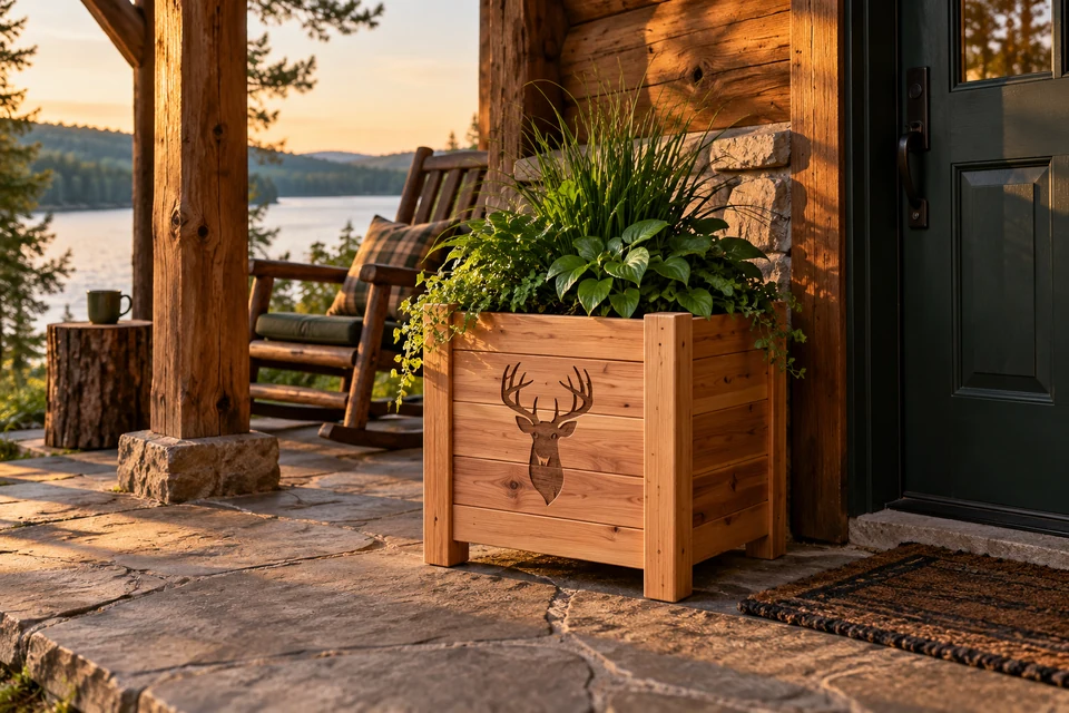 Cedar planter with a deer engraving on a cabin front porch