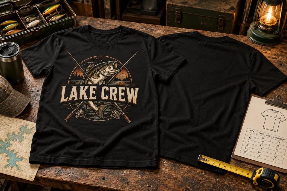 Black fishing-guide crew shirt with a bass and crossed rods