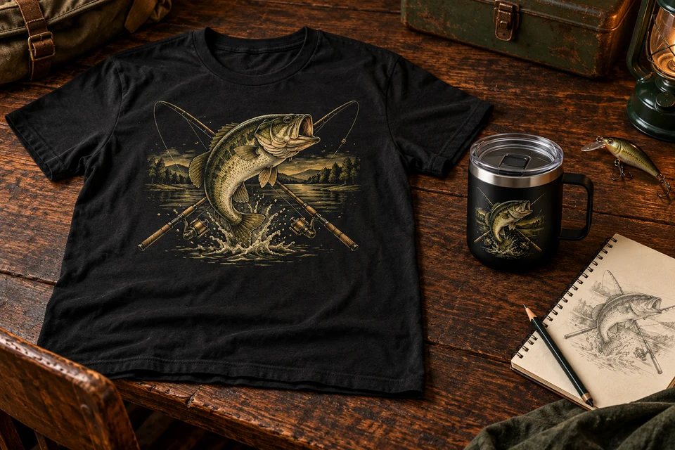 Bass fishing shirt and matching black coffee cup