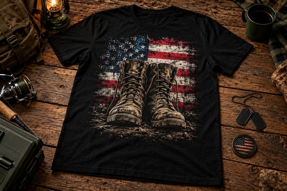 Military boots and American flag shirt with matching dog tags and a challenge coin