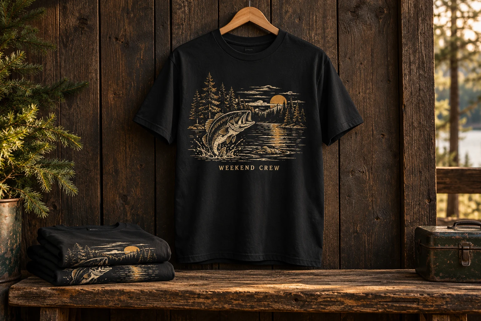 Black custom T-shirt with a Weekend Crew fishing design