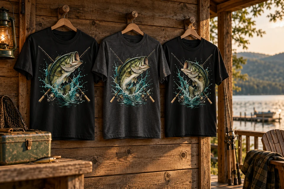 Three coordinated bass fishing shirt on a cabin porch