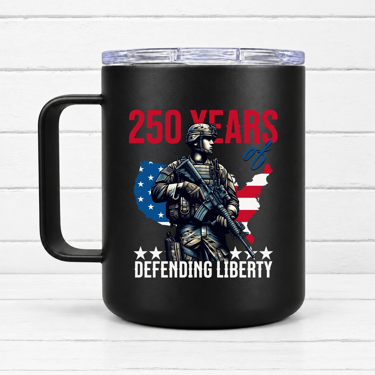 250 Years – Defending Liberty — 12 oz Travel Coffee Mug