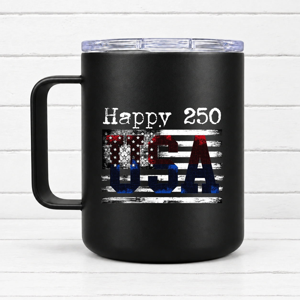 Happy 250 – USA Gradient Flag — 12 oz Travel Coffee Mug