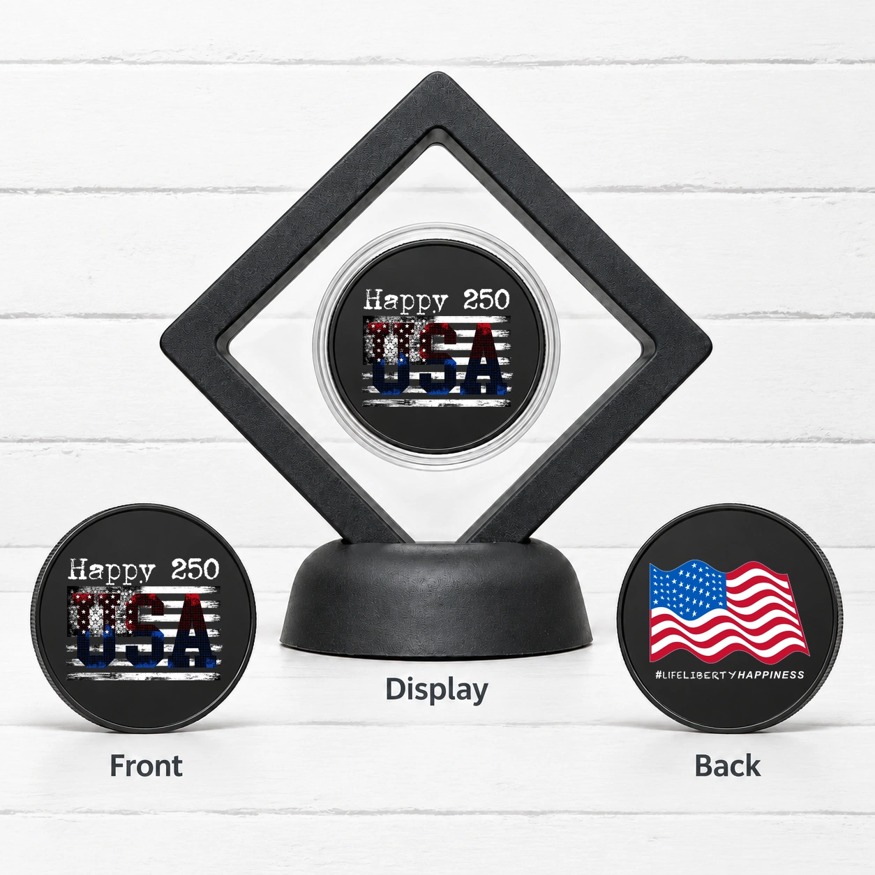 Happy 250 – USA Gradient Flag — Challenge Coin with Display