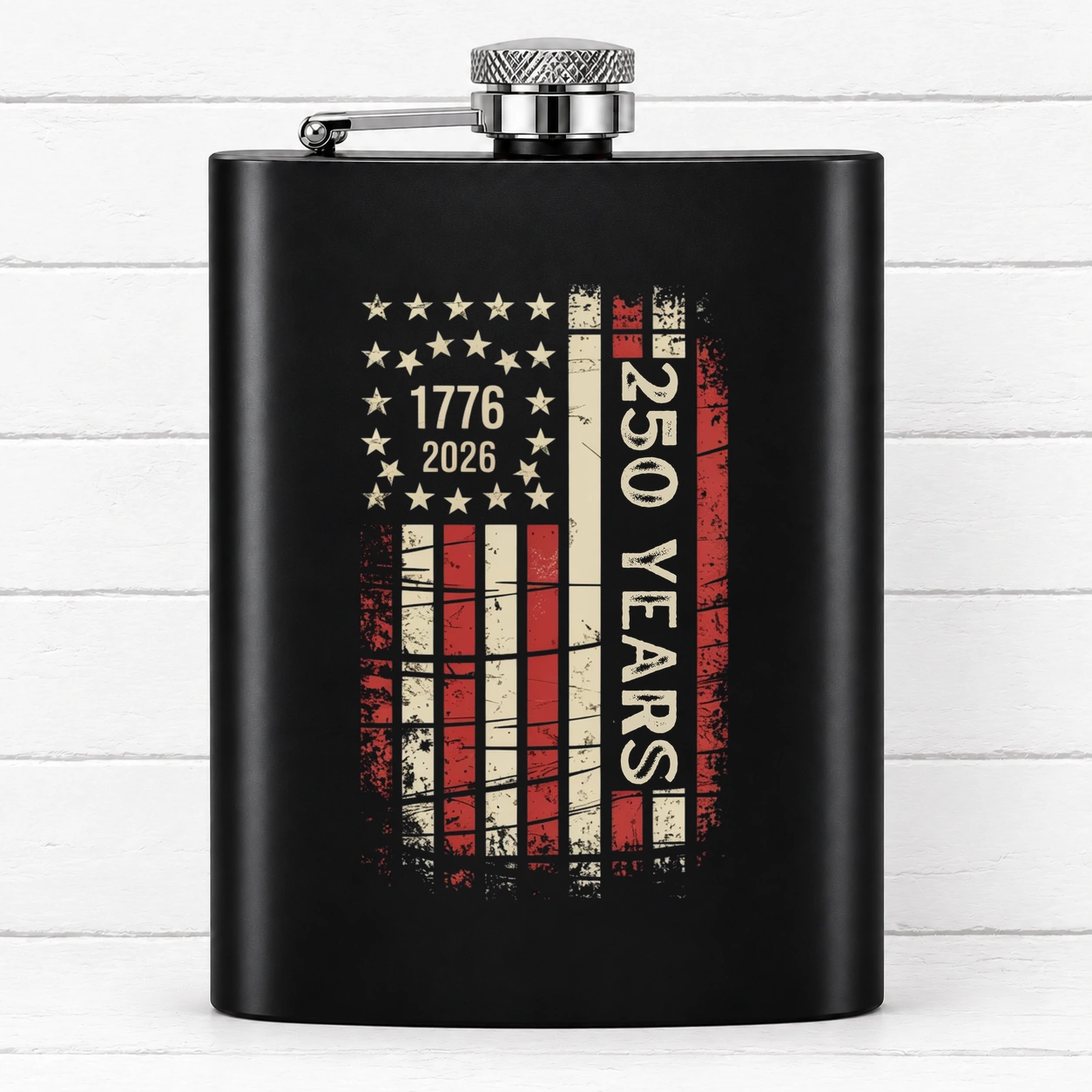 1776–2026 ~ 250 Years American Flag — Black Hip Flask