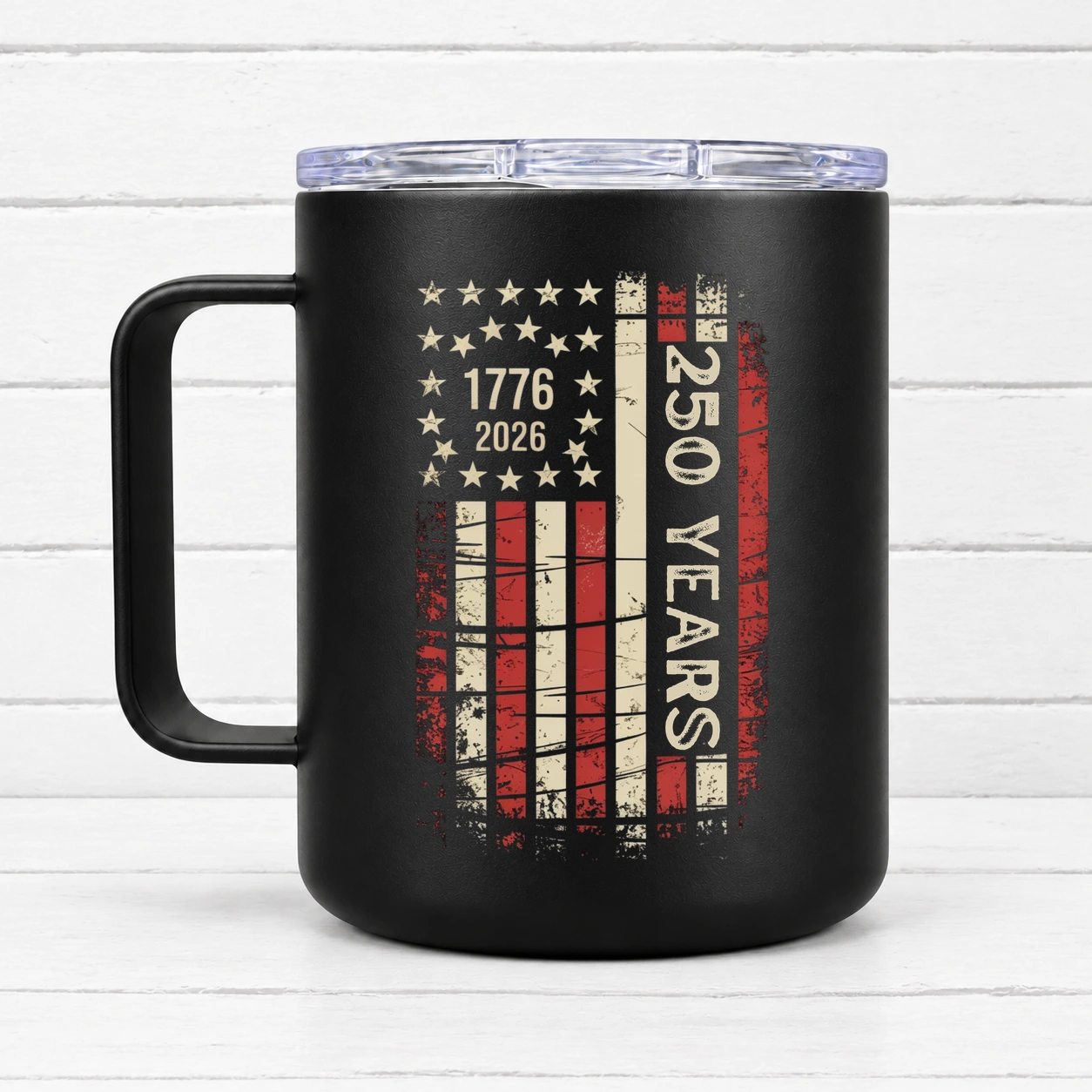 1776–2026 ~ 250 Years American Flag — 12 oz Travel Coffee Mug
