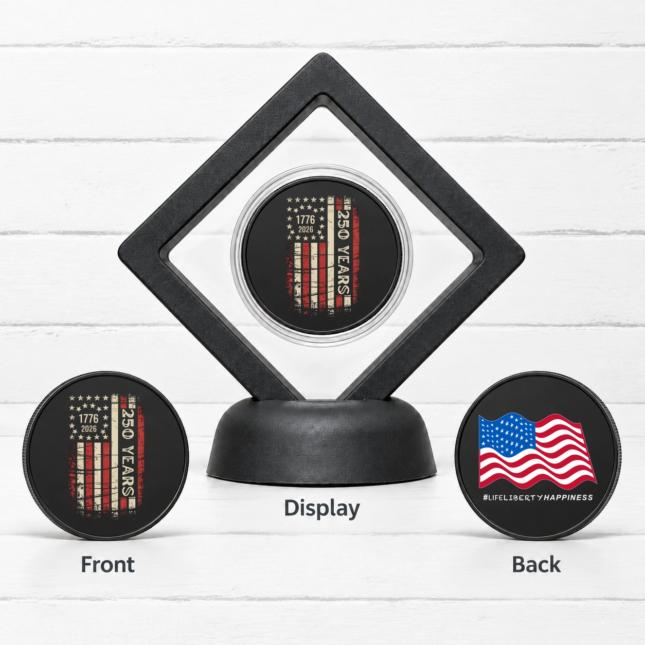 1776–2026 ~ 250 Years American Flag — Challenge Coin with Display