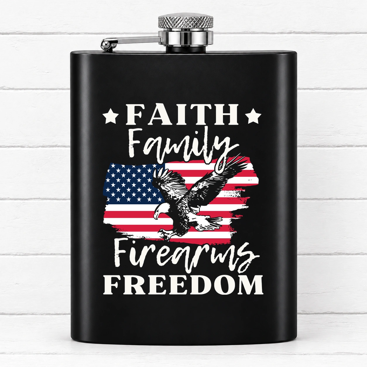 Faith Family Freedom – USA Eagle Graphic — Black Hip Flask