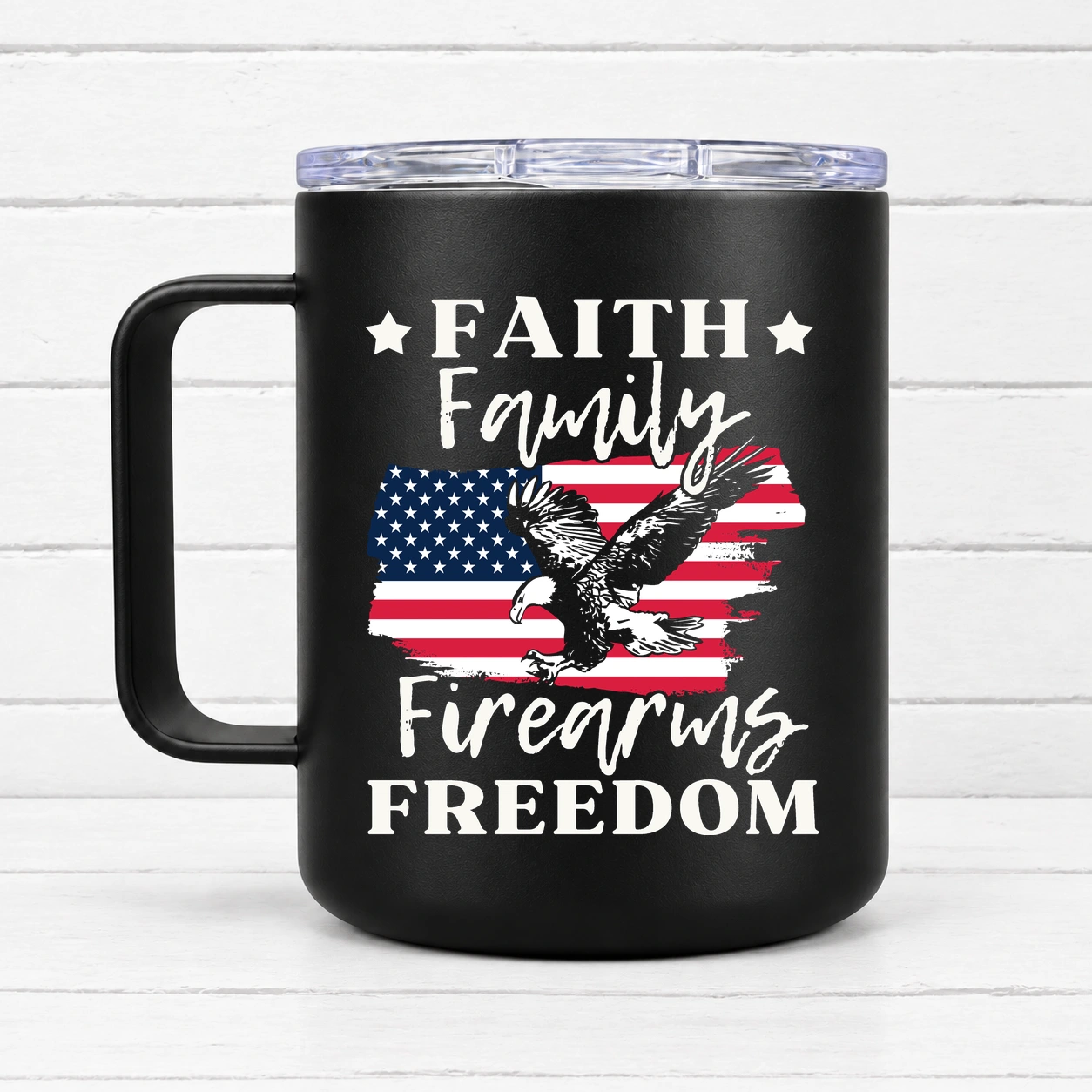 Faith Family Freedom – USA Eagle Graphic — 12 oz Travel Coffee Mug