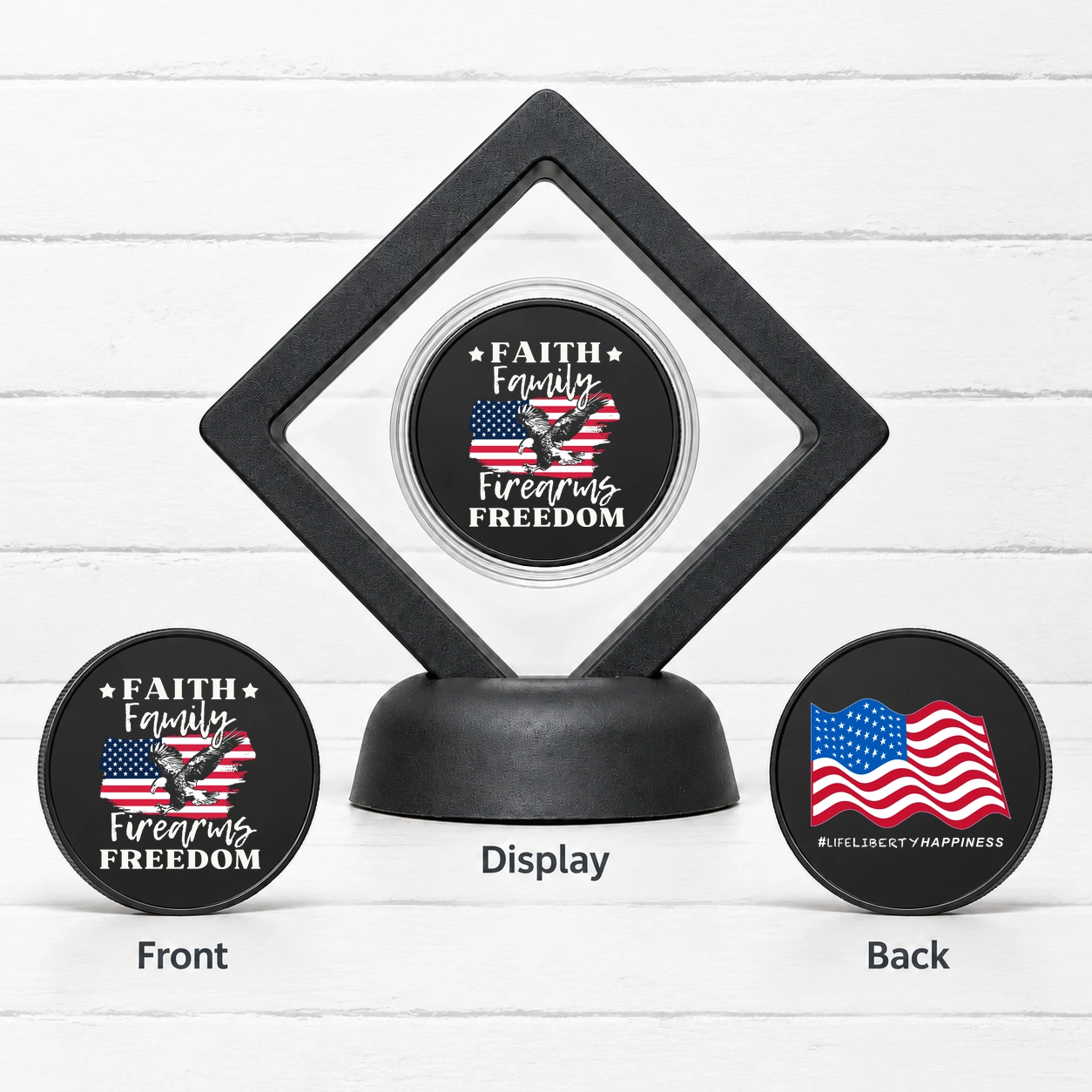 Faith Family Freedom – USA Eagle Graphic — Challenge Coin with Display