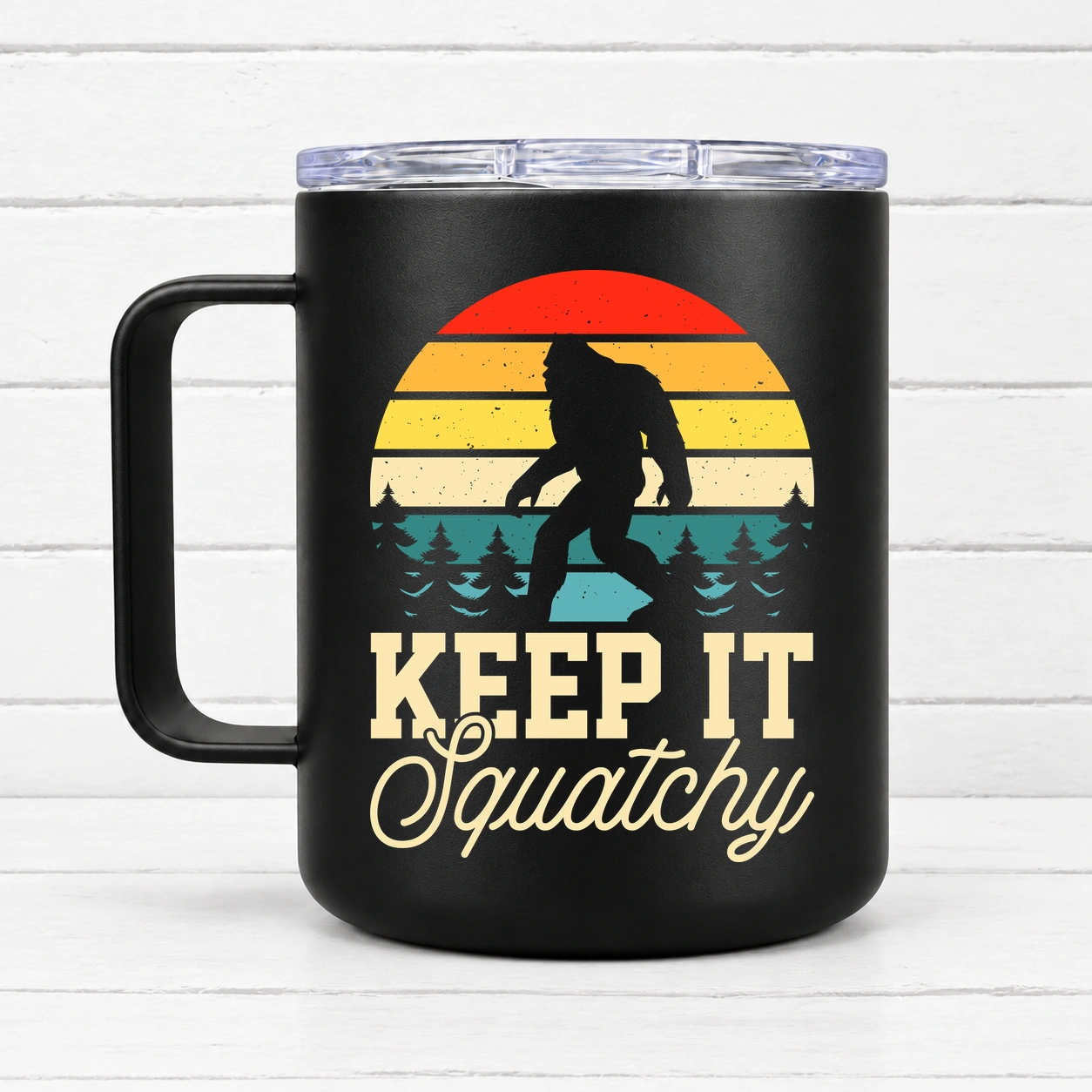 Keep It Squatchy – Bigfoot Silhouette — 12 oz Travel Coffee Mug