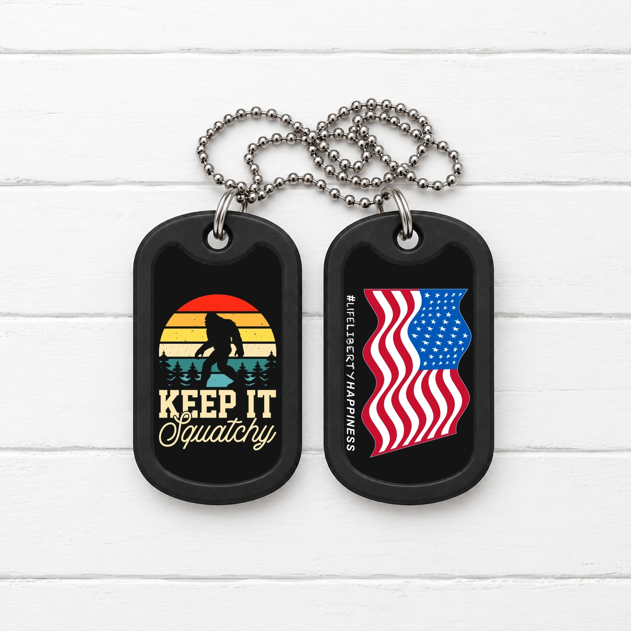 Keep It Squatchy – Bigfoot Silhouette — Dog Tag Set