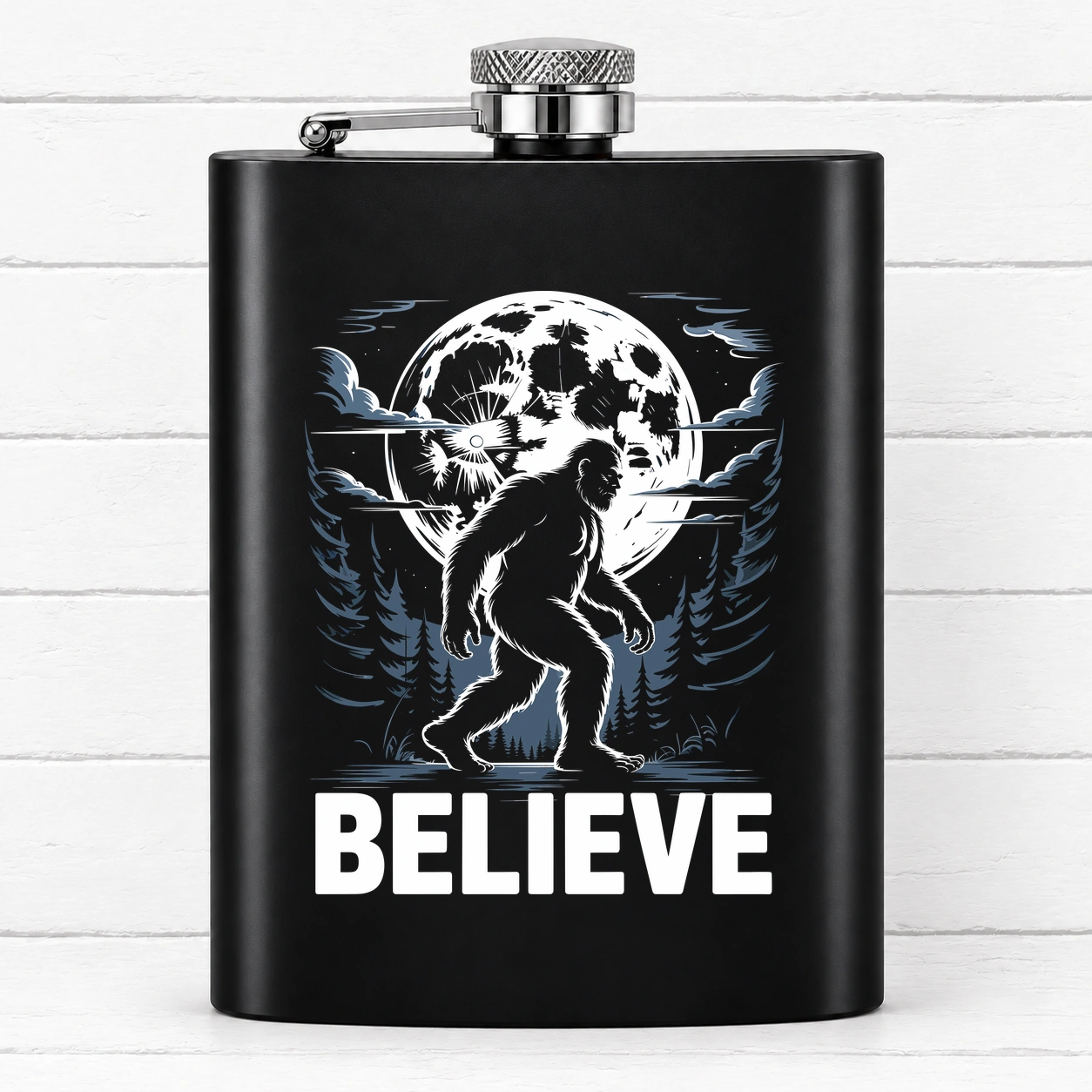 Believe ~ Bigfoot Moon Graphic — Black Hip Flask