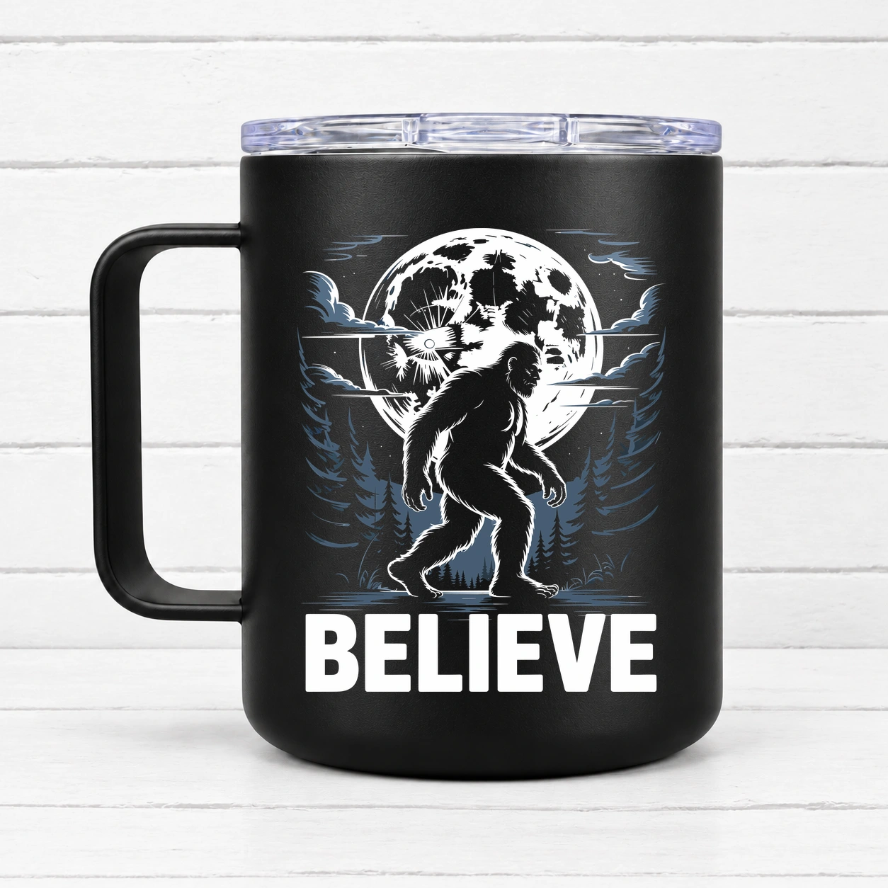 Believe ~ Bigfoot Moon Graphic — 12 oz Travel Coffee Mug