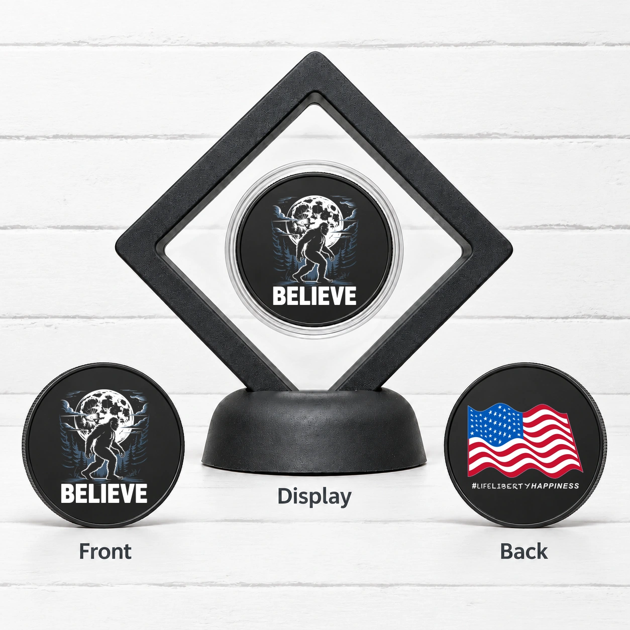Believe ~ Bigfoot Moon Graphic — Challenge Coin with Display