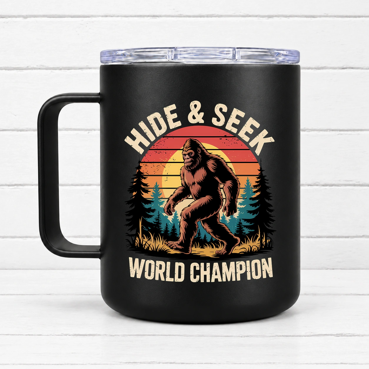 Hide & Seek World Champion ~ Bigfoot — 12 oz Travel Coffee Mug