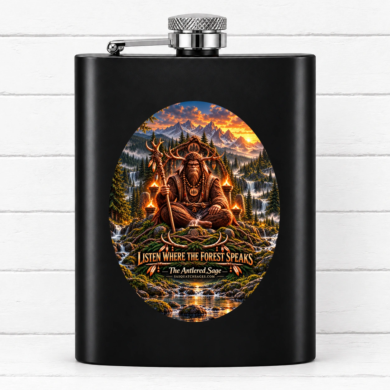 Antlered Sage — Black Hip Flask