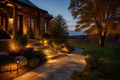 Country home entrance with warm pathway lighting and illuminated steps at autumn dusk