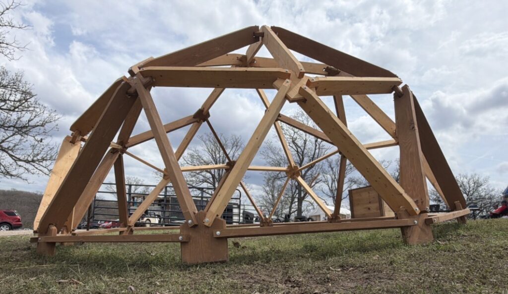 LOZ custom timber geodesic dome frame under construction