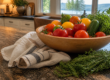 Fresh produce and herbs on a rustic kitchen counter