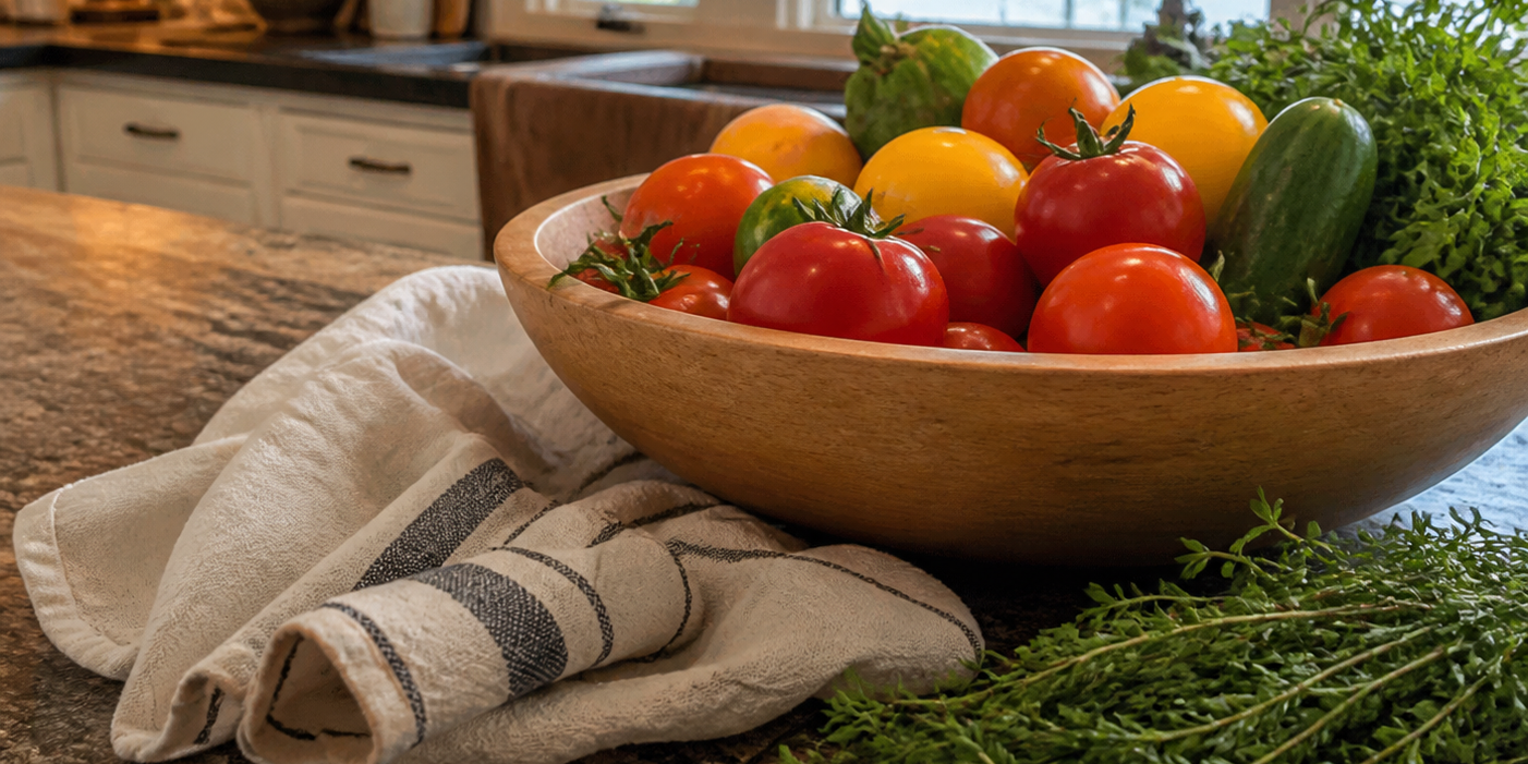 Fresh produce routine Fresh produce and herbs on a rustic kitchen counter