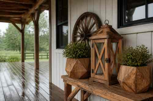 Handcrafted outdoor wood decor protected from wet weather