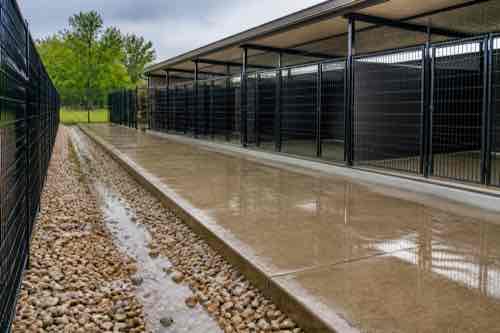 How Do You Keep an Outdoor Dog Kennel Dry After Heavy Rain? Dog kennel with covered dry zone and drainage after rain