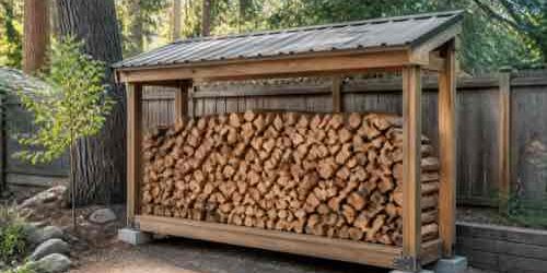 What Makes a Backyard Firewood Storage Area Work Well? Raised covered firewood rack with open airflow