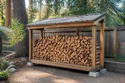 What Makes a Backyard Firewood Storage Area Work Well? Raised covered firewood rack with open airflow