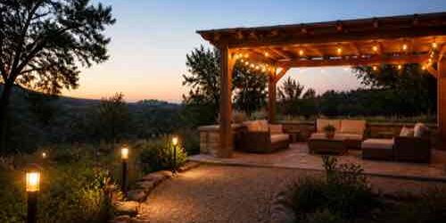 Low-glare lighting for a rural outdoor seating area