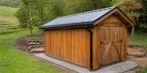 Shed with gutter gravel perimeter and dry base