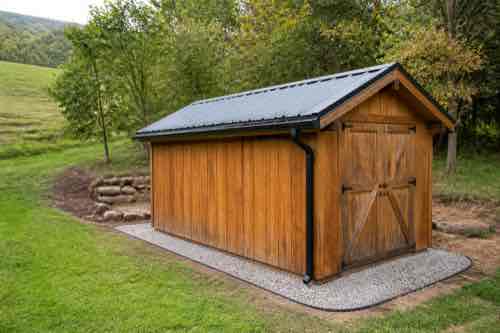 Shed with gutter gravel perimeter and dry base