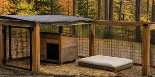 Dog kennel with dry wind-protected shelter for cooler nights