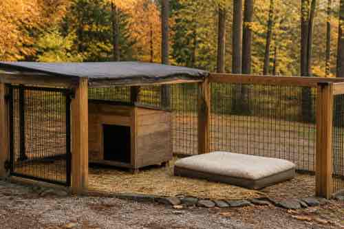 Dog kennel with dry wind-protected shelter for cooler nights